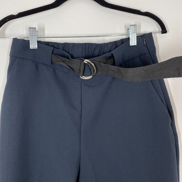 zara navy blue belted pants size M cuffed hems tapered leg elastic waist pockets - Picture 5 of 8